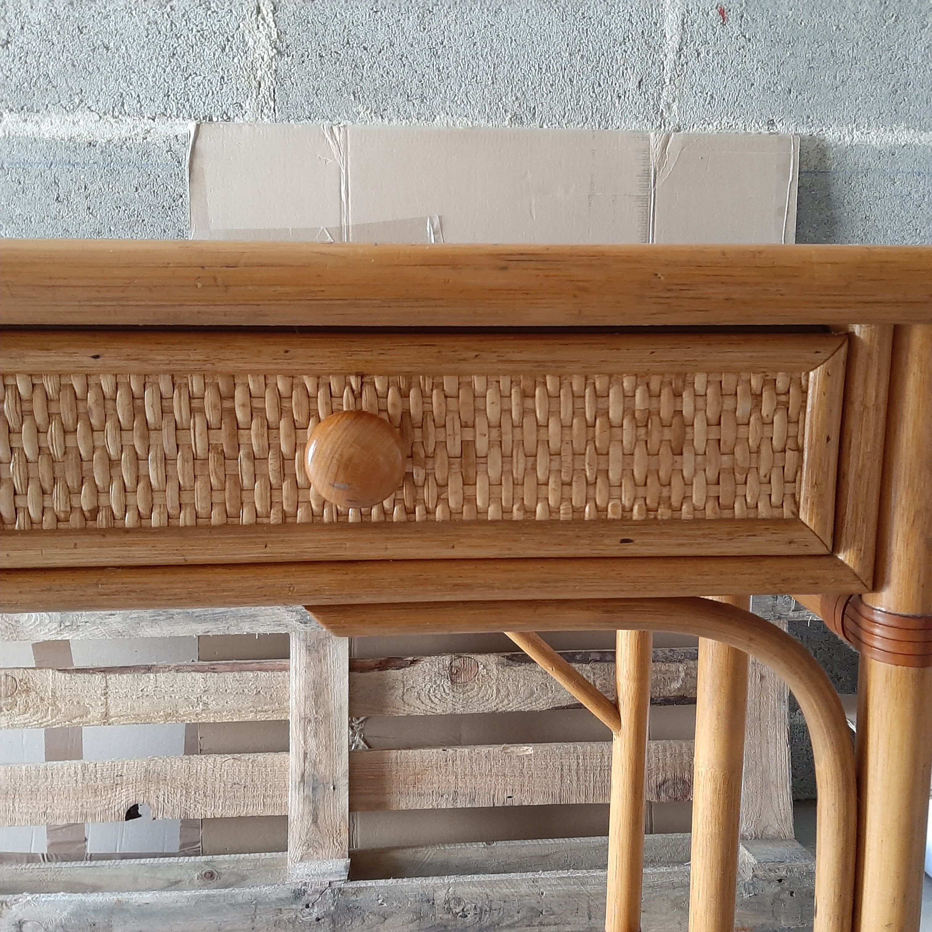 Desk rattan & vintage wood two drawers