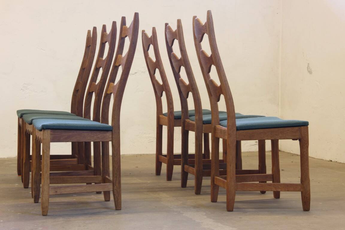 Six vintage 1960s Danish ladderback oak chairs, Henning Kjærnulf brutalist style
