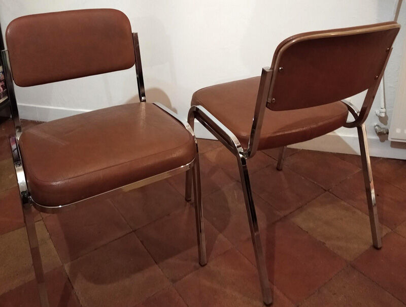 Set of 4 chairs chrome and skaï brown 70s