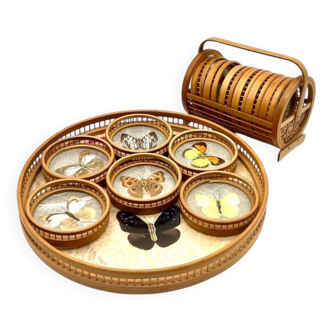 Bamboo Tray with 12 Colonial Style Butterfly Coasters