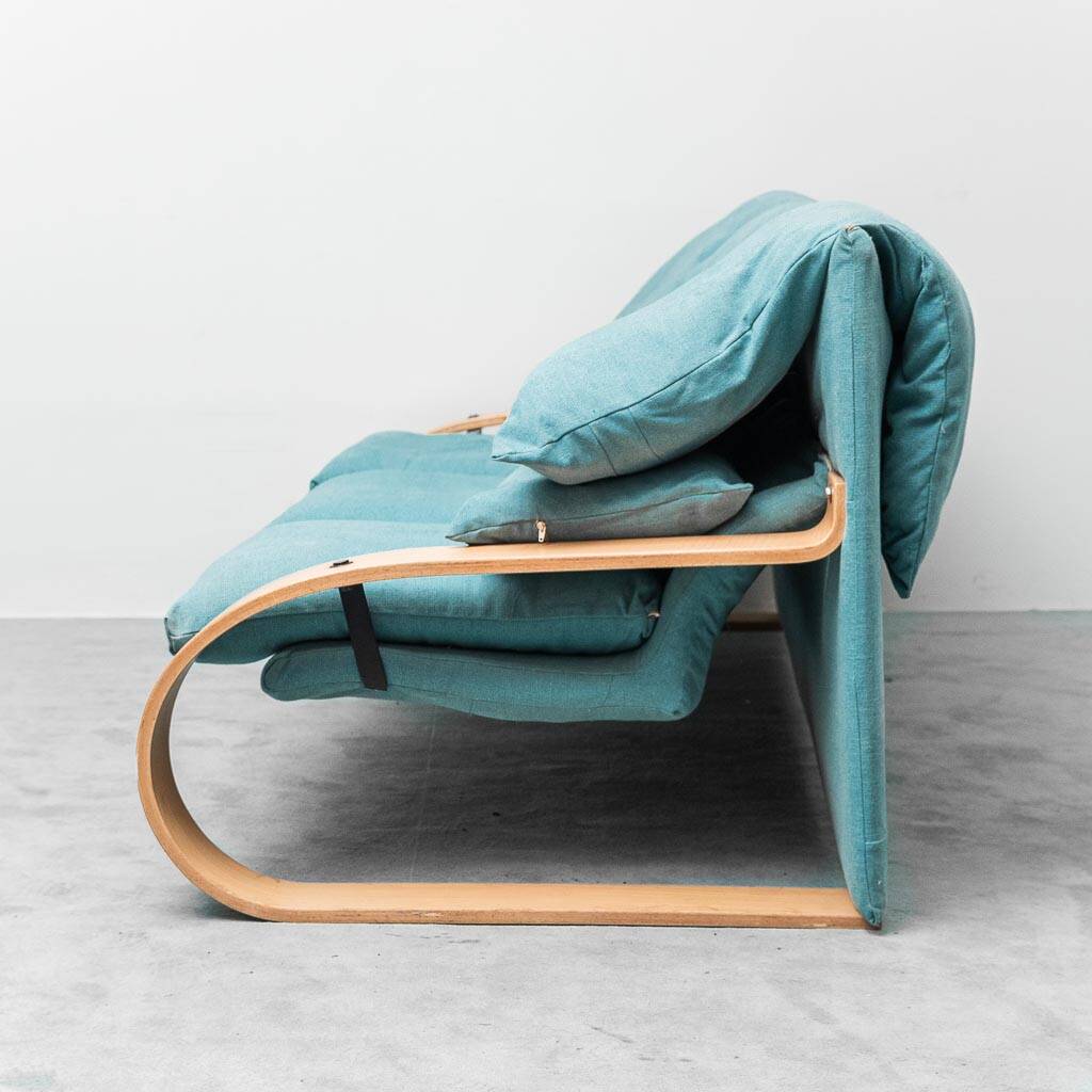 3-seater fabric sofa in Alvar Aalto style, bent wood, 1970s vintage modernism