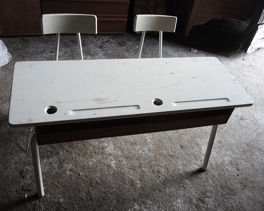 Former double school desk in white painted wood