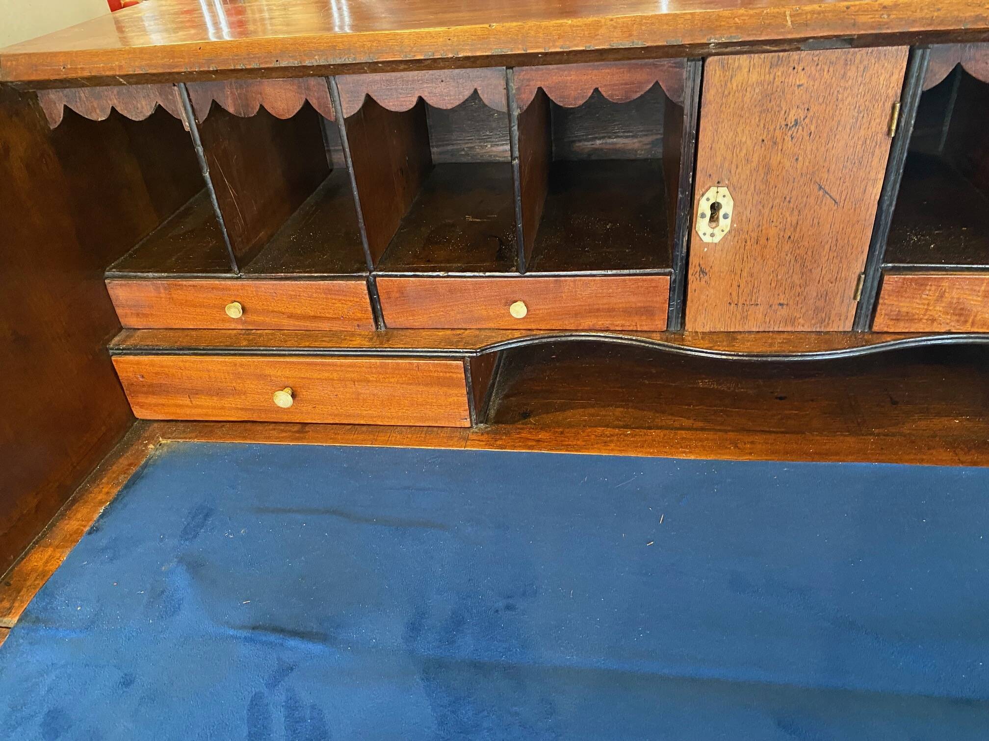 English scriban desk 19th c. mahogany with drawers bronze fittings bone knobs