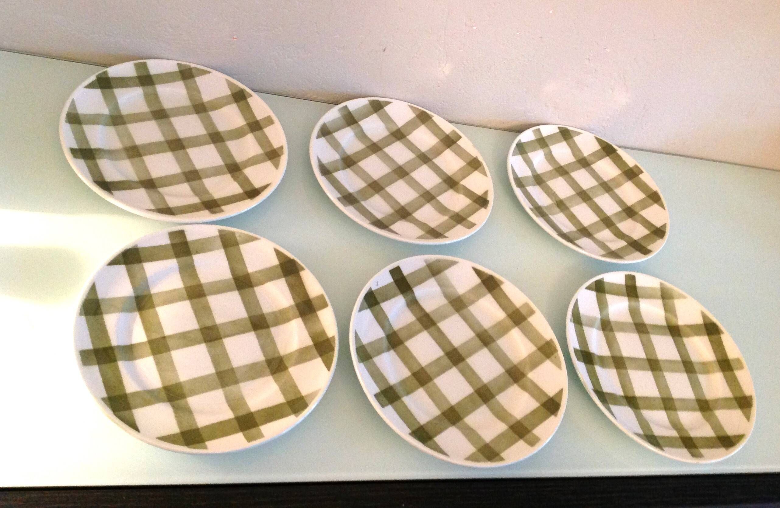 Set of six Moulin des Loups dessert plates, Nappe green model/ 50s-60s