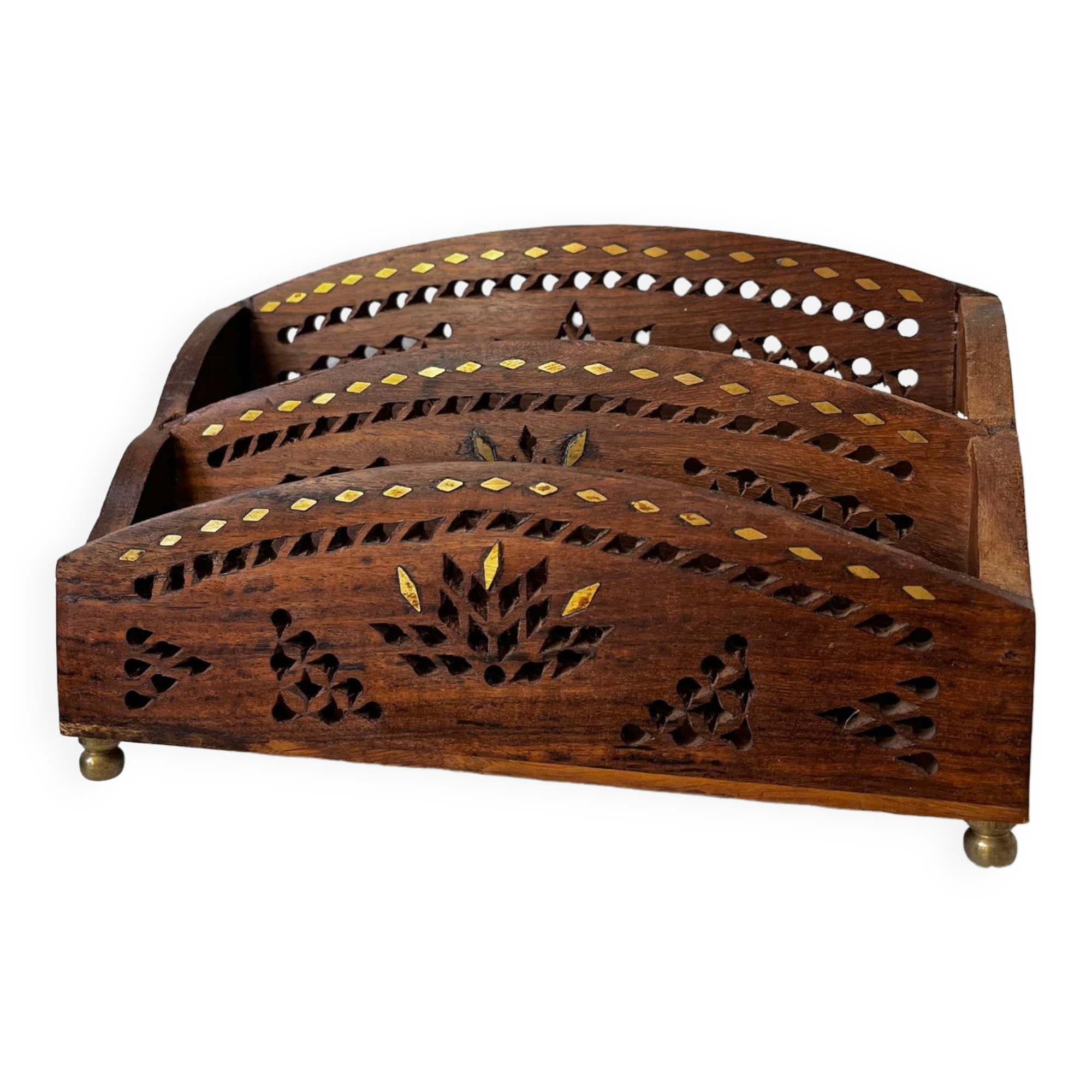 Vintage mail rack in wood and brass