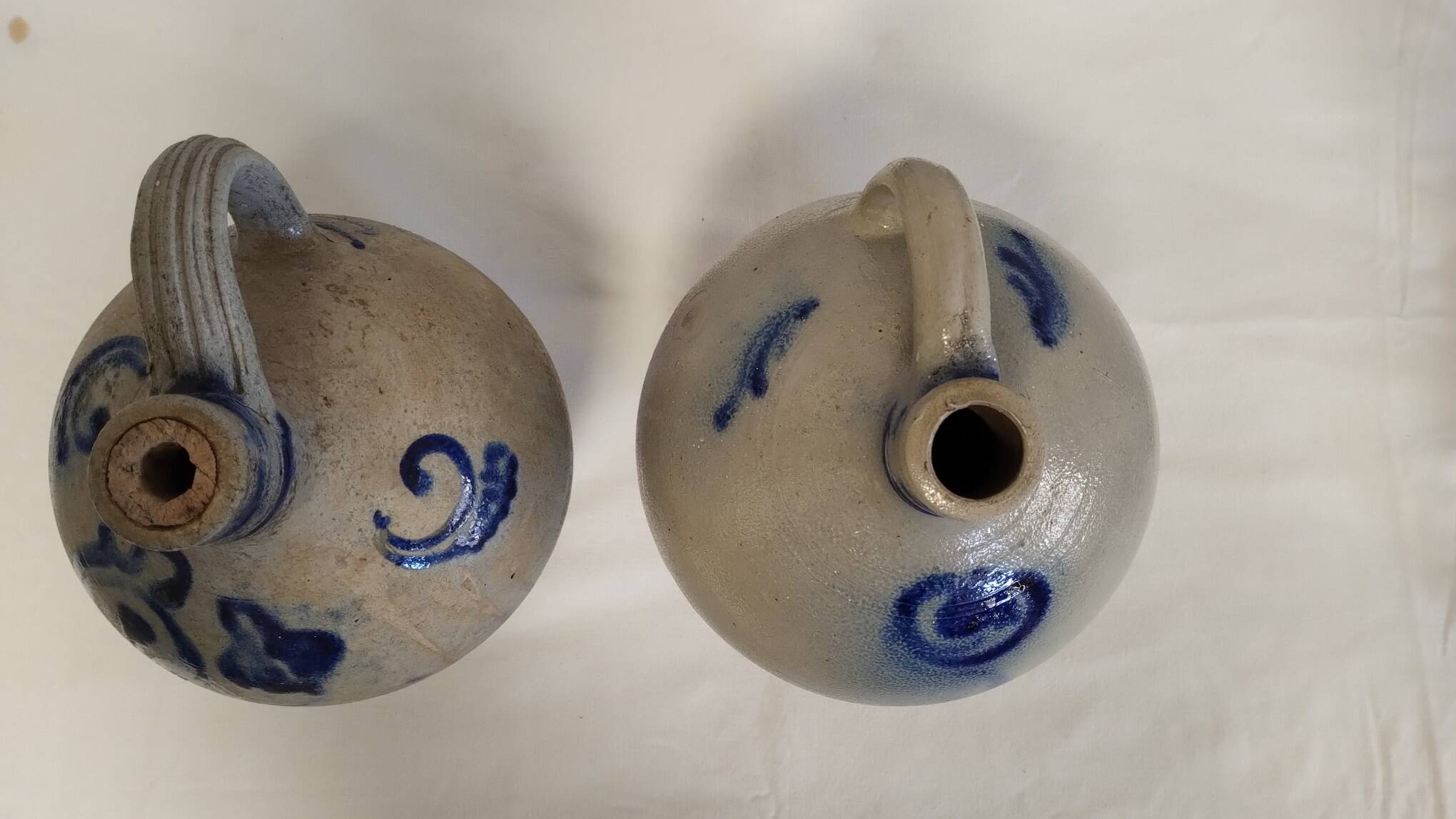 Set of 2 old Alsace stoneware jars (oil cruets)