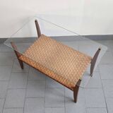 Table basse en rotin & hêtre 1960 vintage