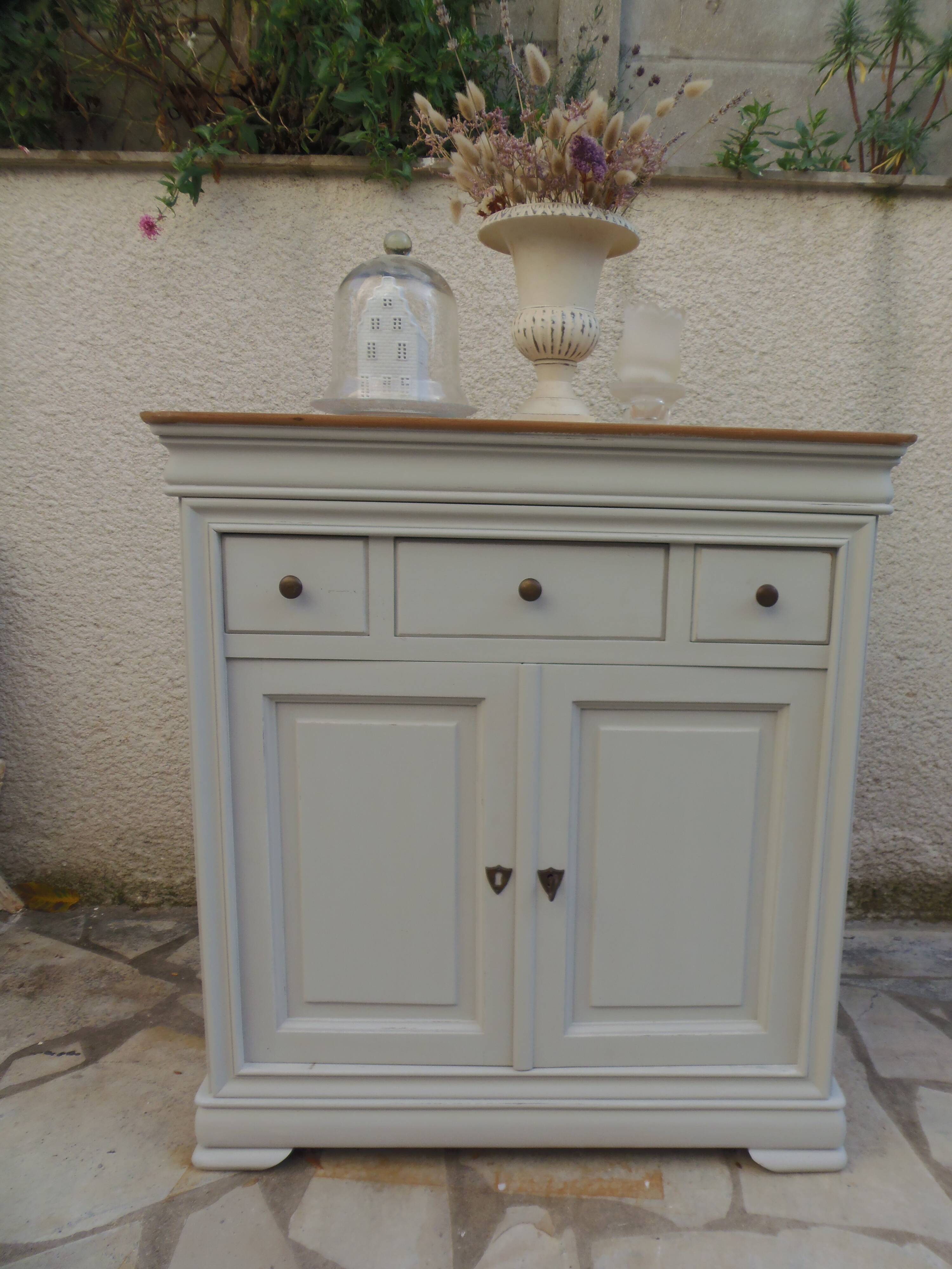 Small Louis Philippe style sideboard of beautiful craftsmanship, enhanced in storm gray.