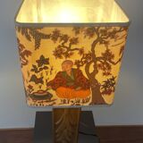 Wooden lamp with carved plant decoration from 1930-50, sold with a 1970 lampshade.