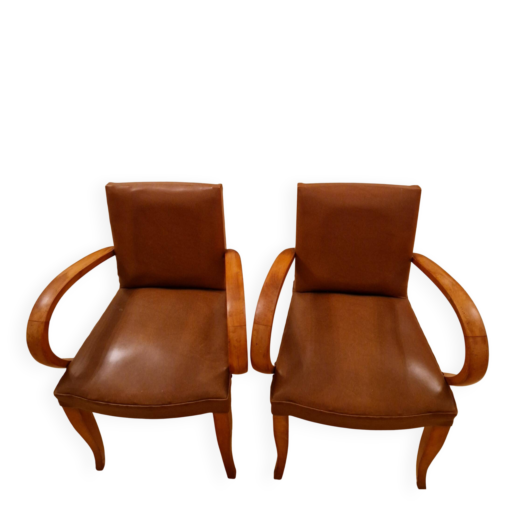 Pair of Art Deco armchairs in curved wood and brown leather – 1930s