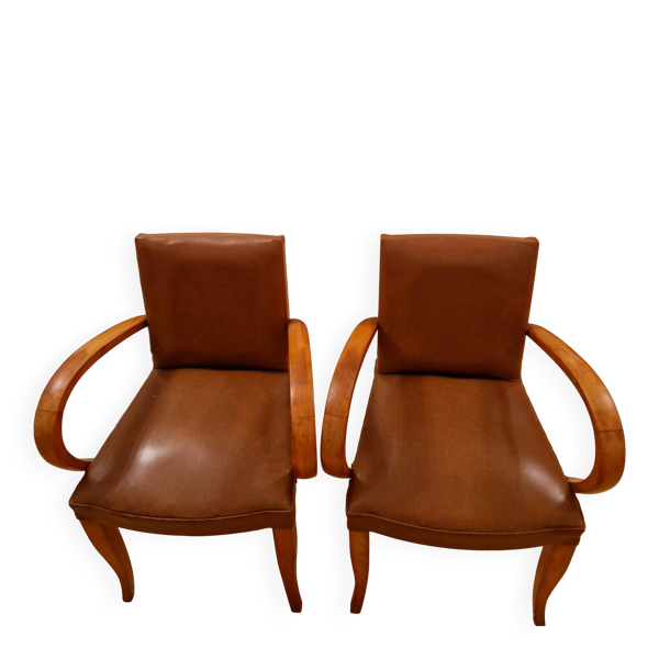 Paire de fauteuils Art déco en bois courbé et cuir brun – années 1930