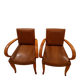 Pair of Art Deco armchairs in curved wood and brown leather – 1930s