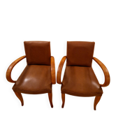 Pair of Art Deco armchairs in curved wood and brown leather – 1930s
