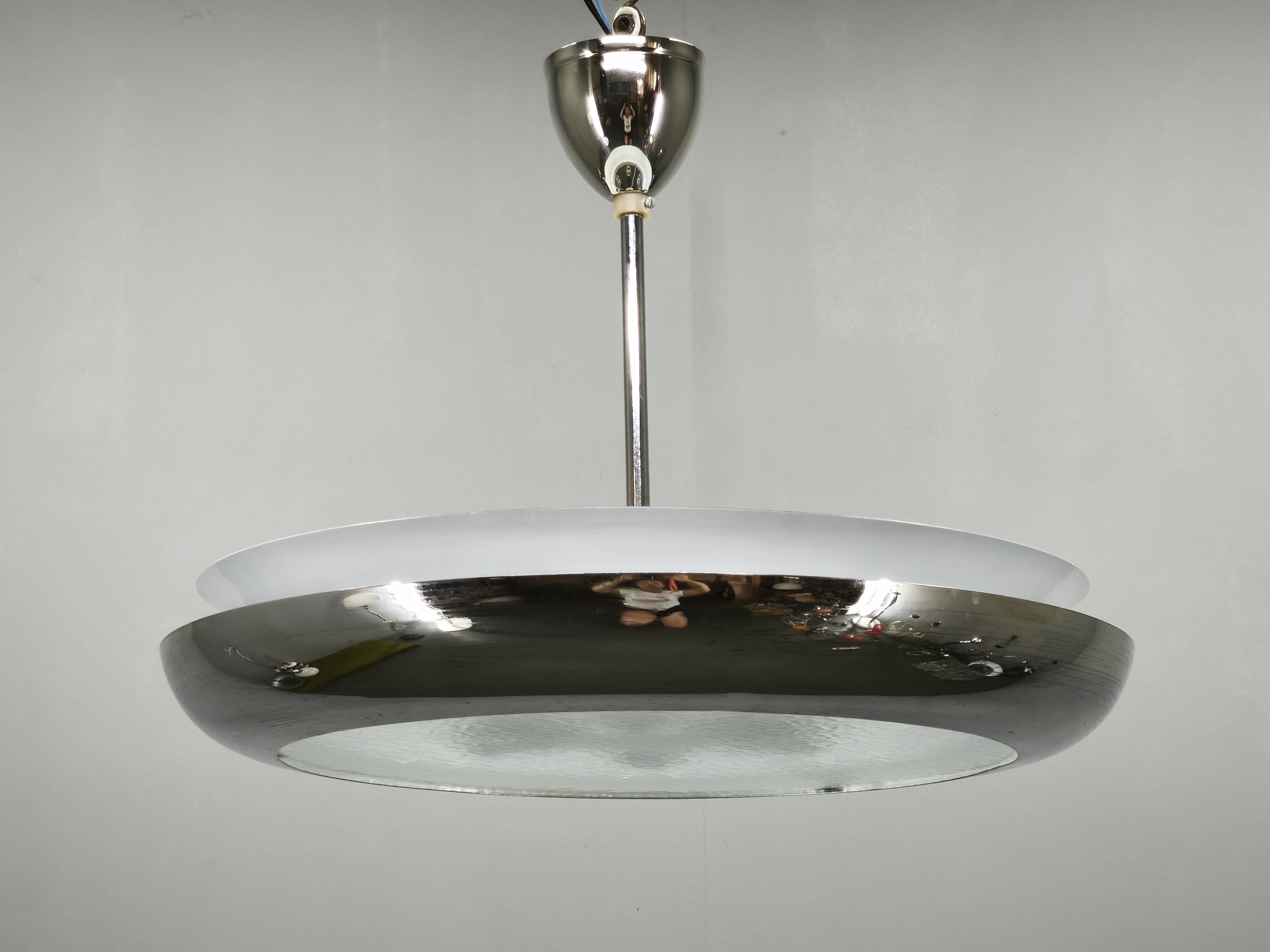 1930s Bauhaus UFO Chrome and Glass Pendant Light, Czechoslovakia