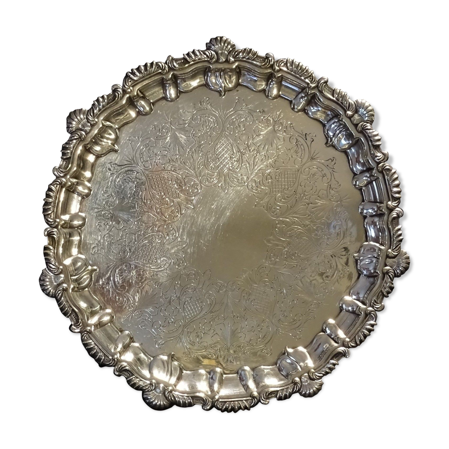 Silver metal tray engraved in late 19th century England rock style