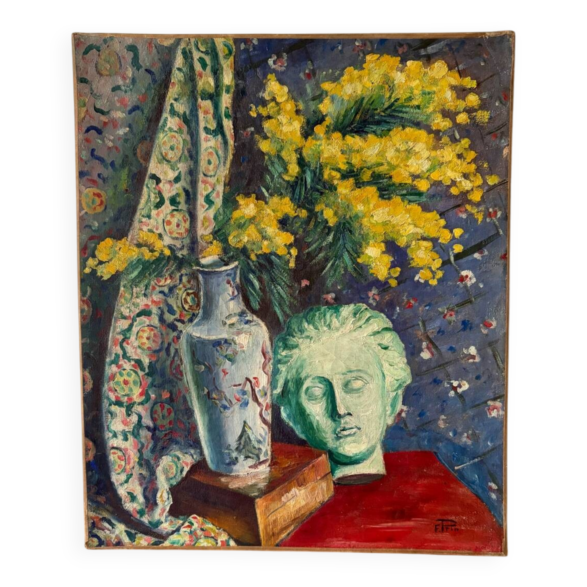 Still life with vase, bust and forsythia, oil on canvas signed