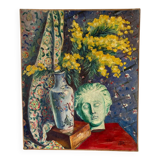 Still life with vase, bust and forsythia, oil on canvas signed