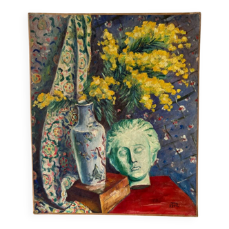 Still life with vase, bust and forsythia, oil on canvas signed