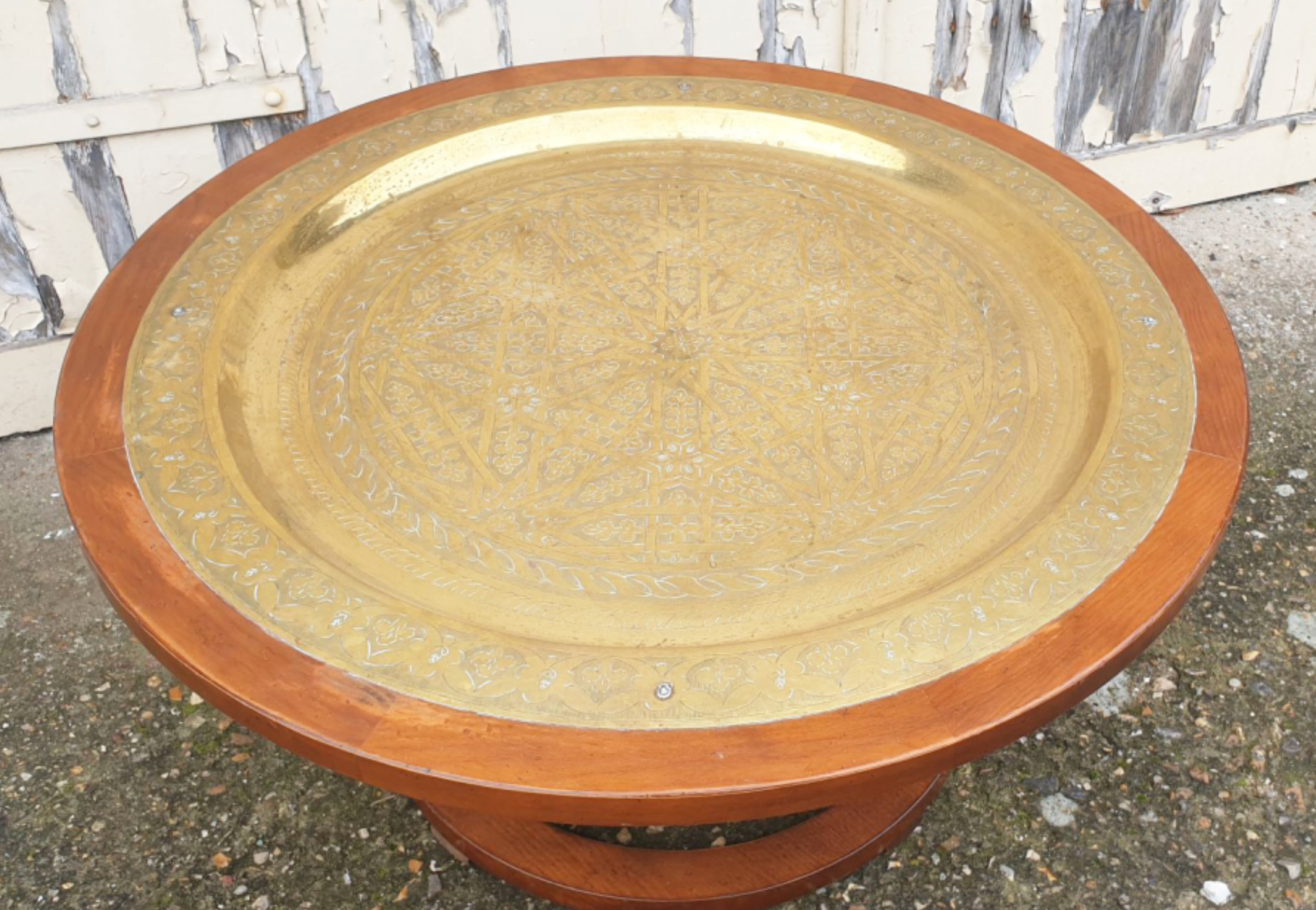 Moroccan tea coffee table, hand-crafted copper tray, vintage, 1940s