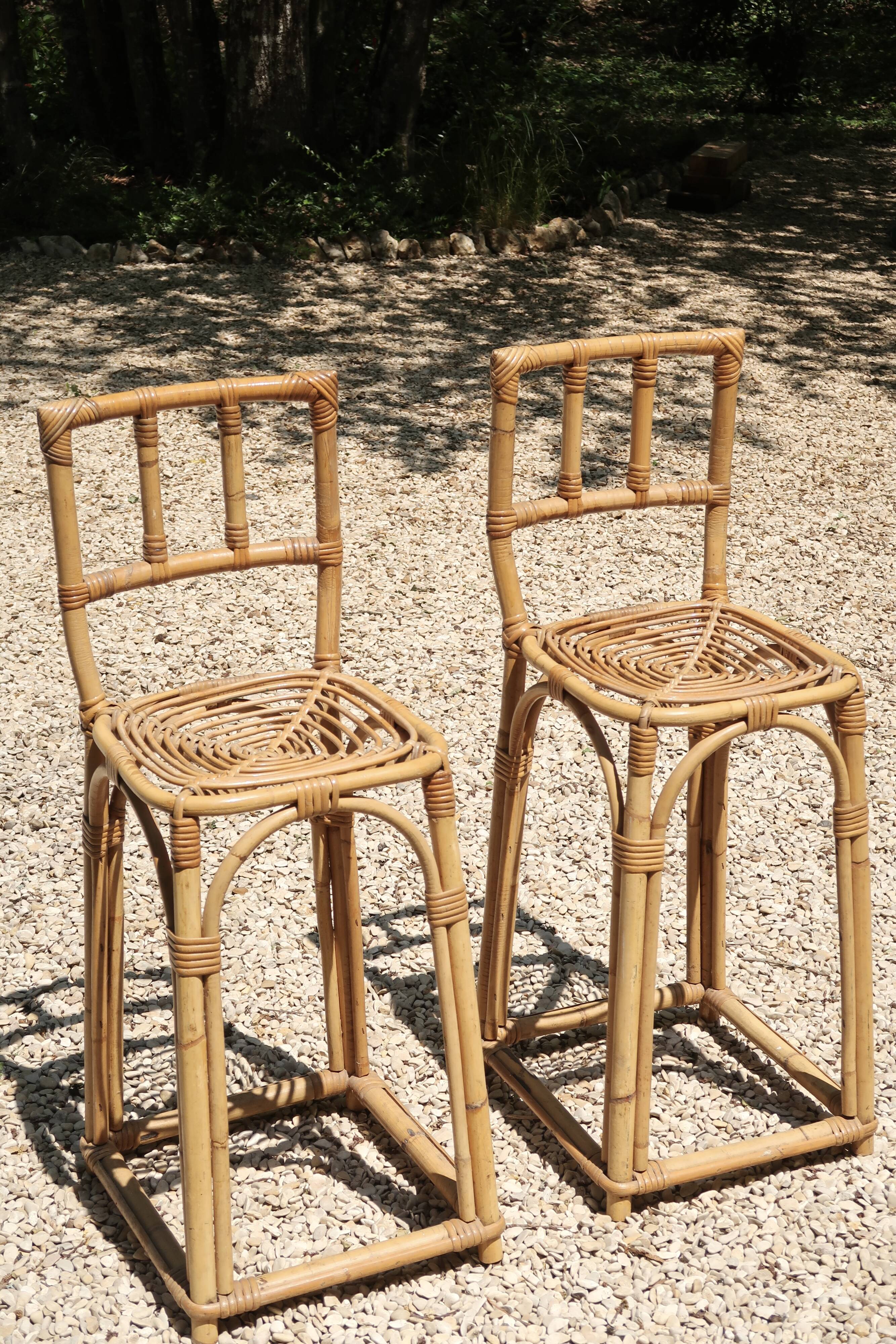 Pair of bamboo rattan bar stools, 70s