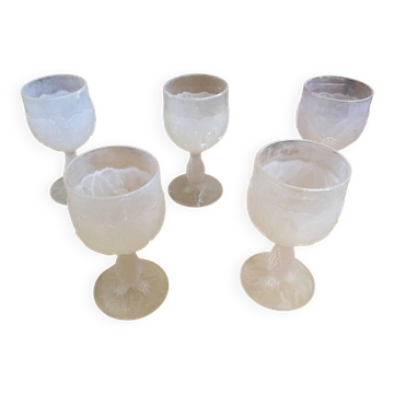 Set of 5 Frosted Pink Wine Glasses Made in Italy Vintage #E170