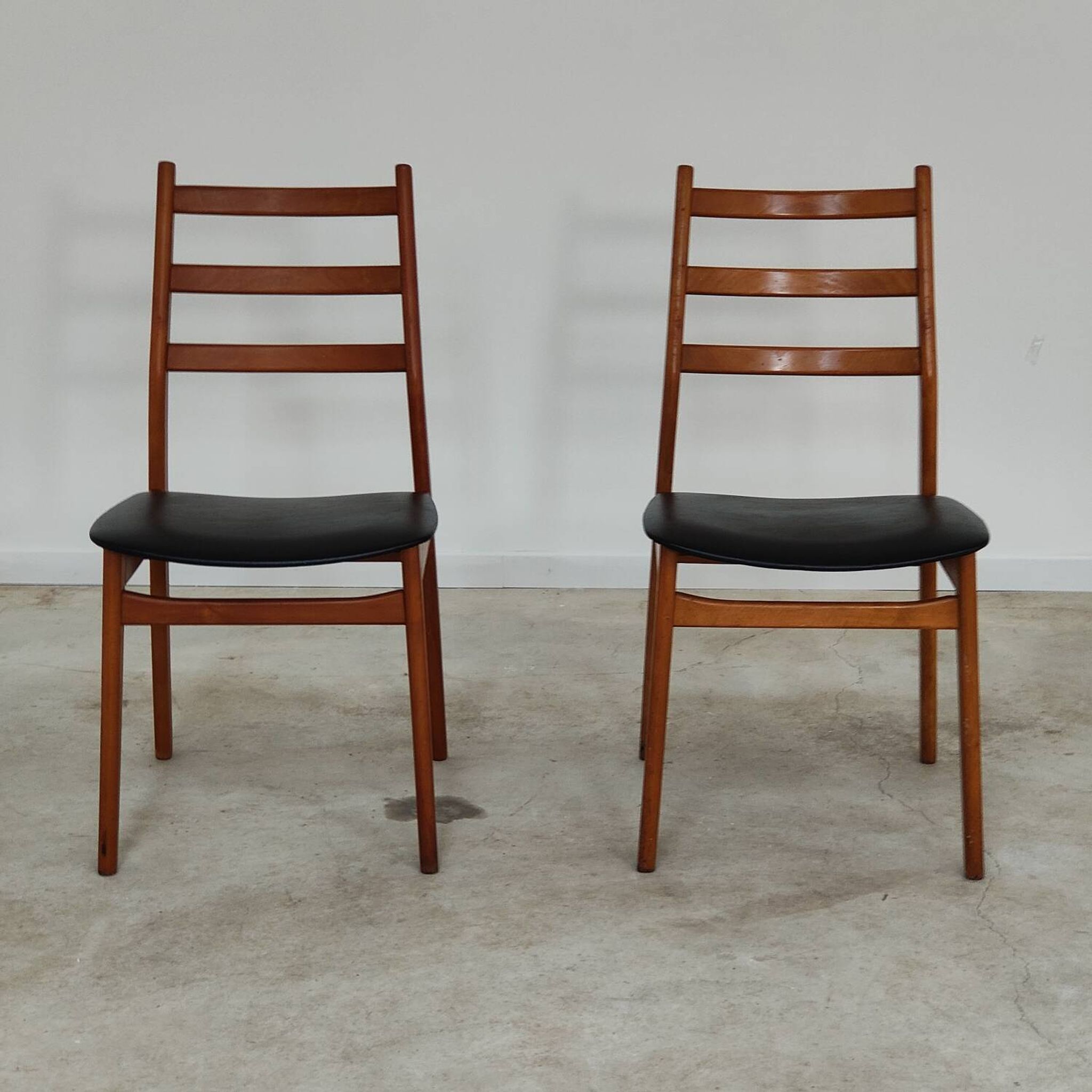 Pair of Scandinavian style leather and wood chairs 1970