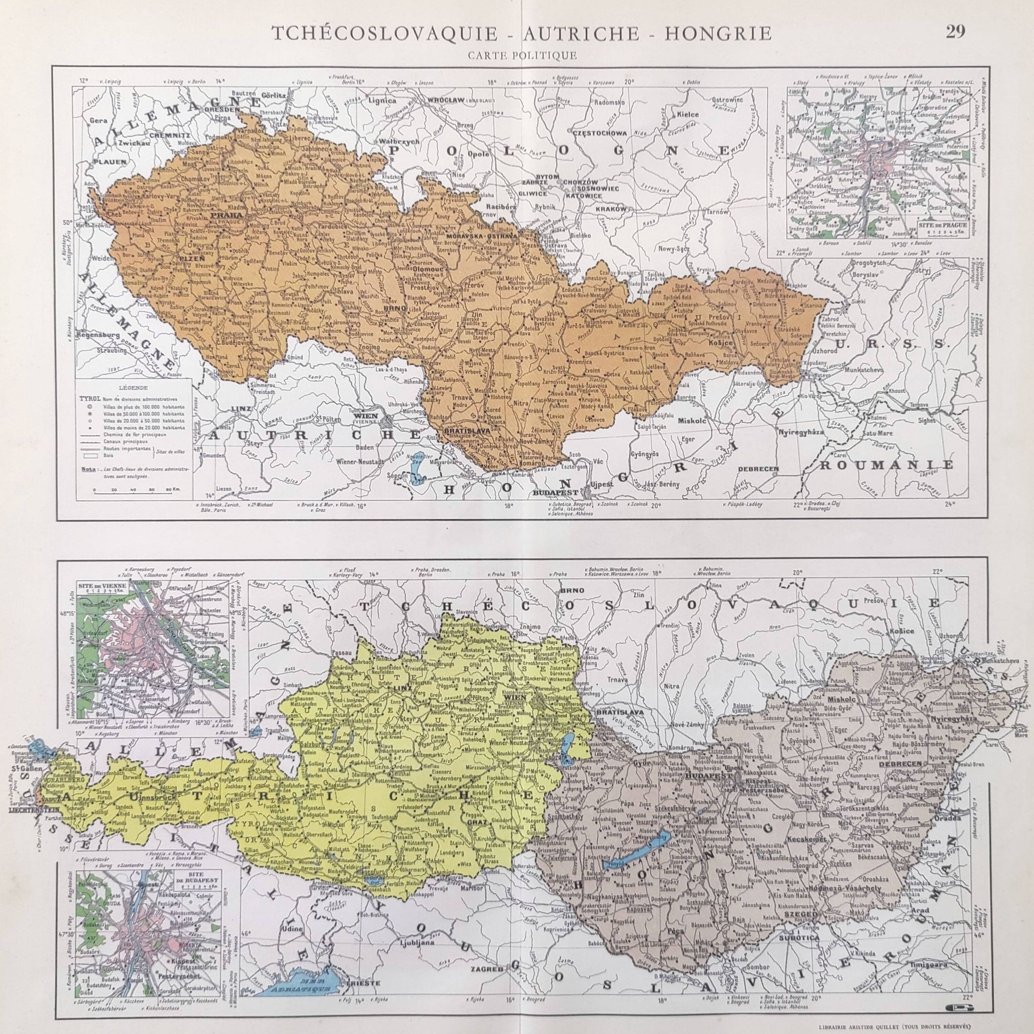 Old map of Austria, Czechoslovakia, Hungary 43x43cm from 1950