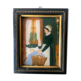 Peinture ancienne sur verre cadre en bois noir avec dorure 16,5 cm x 13,5 cm