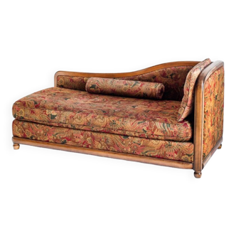 Vintage chaise longue. Cherry wood and viscose fabric. With mattress and two cushions. France, 60's