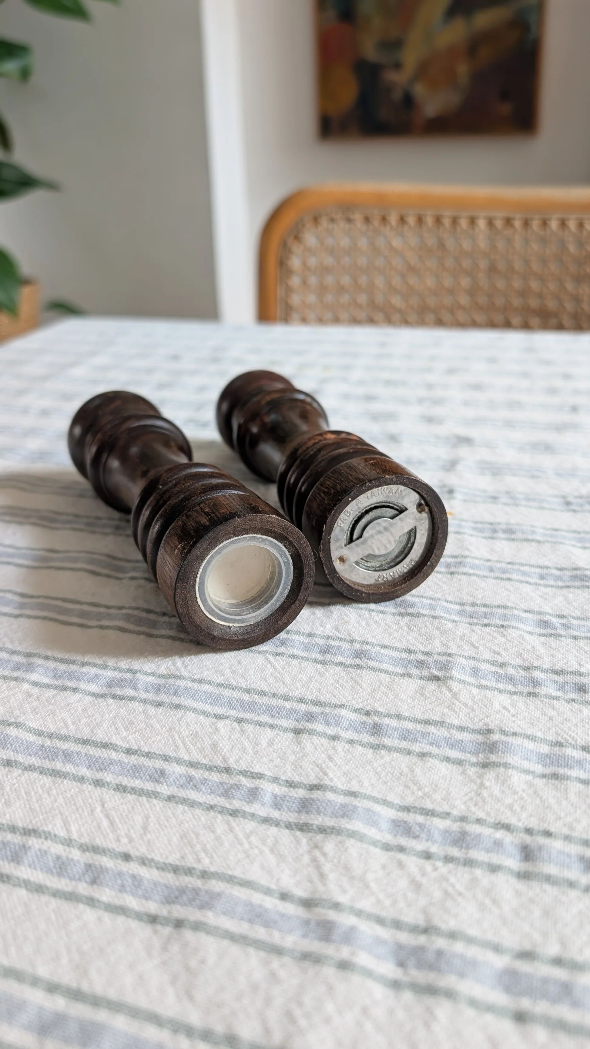 Pair of turned wooden salt and pepper mills