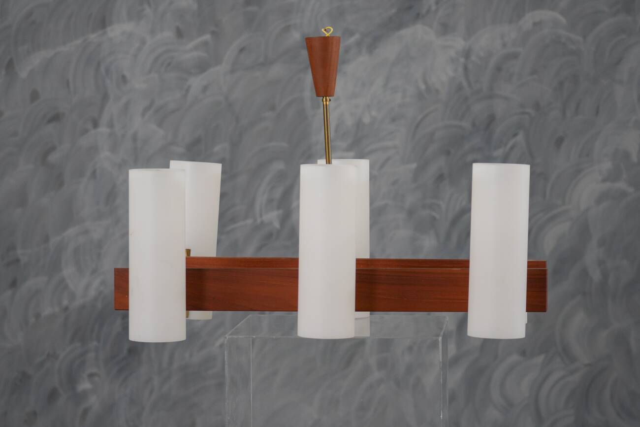 Vintage Danish teak and brass ceiling lamp, Denmark 1970s