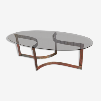 Table basse vintage ovale acier et verre fumé