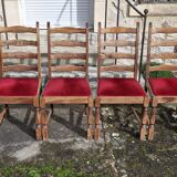 Round wooden table with 1 integrated extension + 6 wooden and fabric chairs