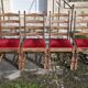 Round wooden table with 1 integrated extension + 6 wooden and fabric chairs