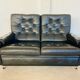 Vintage retro Danish 2 person black buttoned leather sofa 1970s