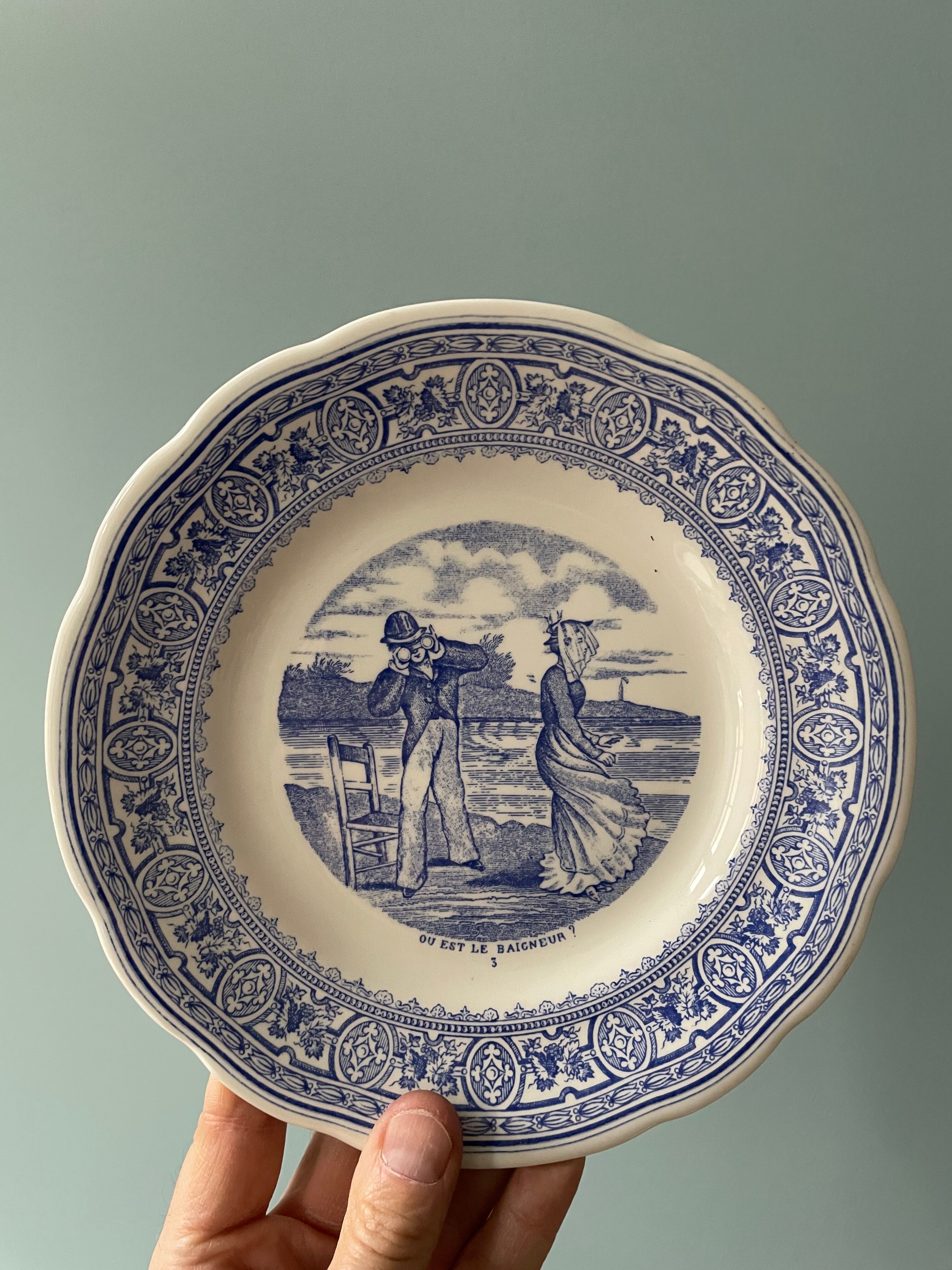 Complete set of 12 talking plates in Gien earthenware