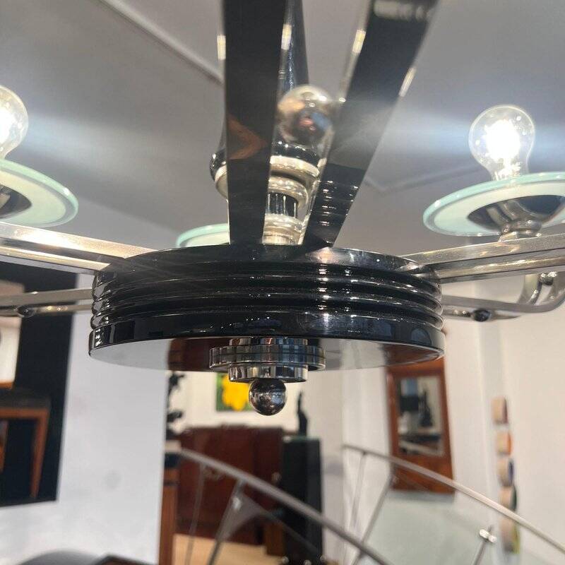 Chandelier Art Déco en laque noire et verre, 1930