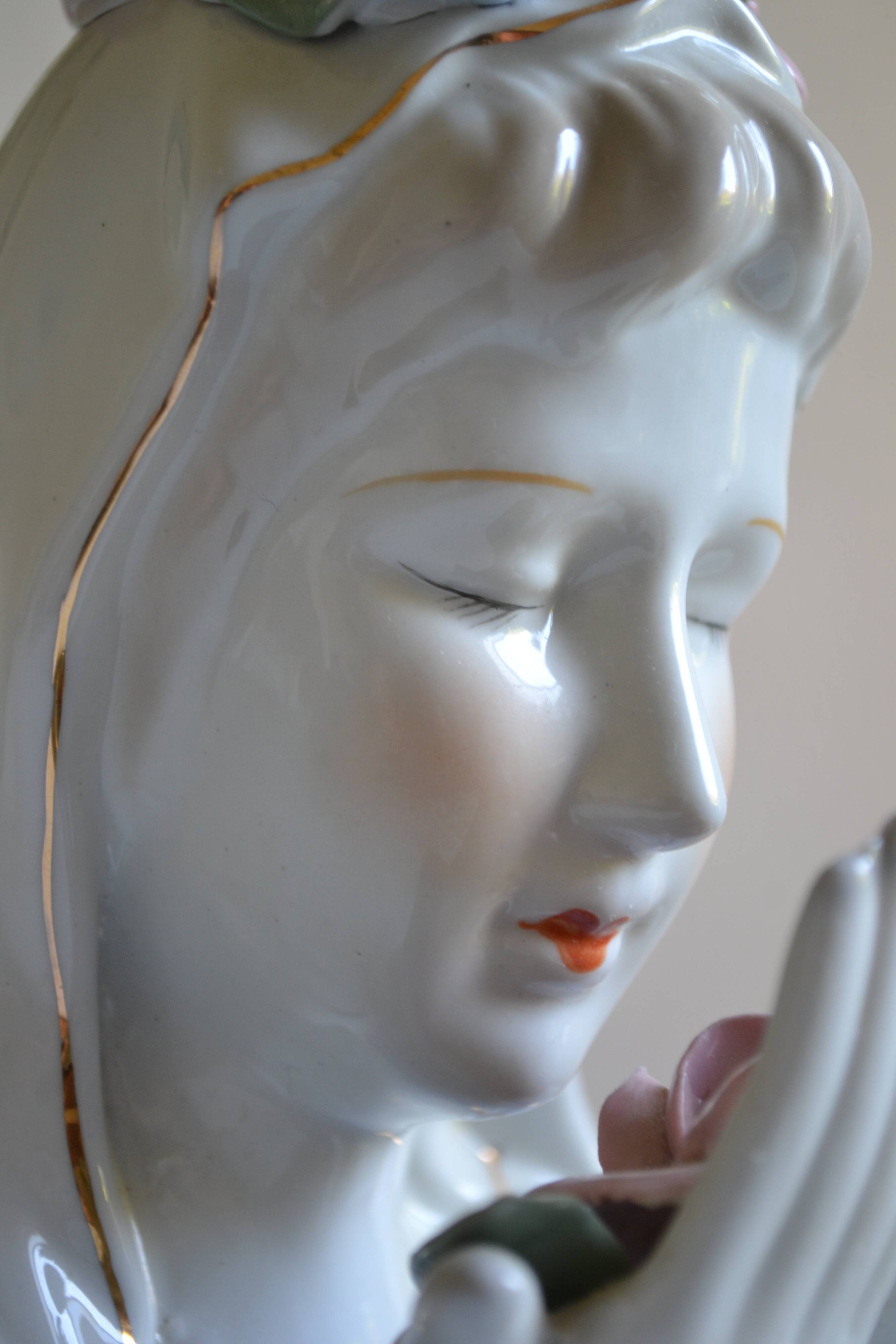 Virgin Mary statue bust in polychrome porcelain Virgin with crown of roses