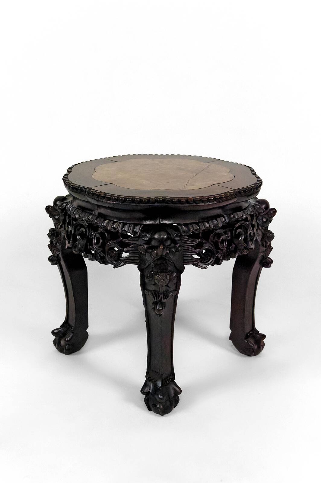 Asian wooden stand carved with Demons, marble top, Indochina, circa 1880