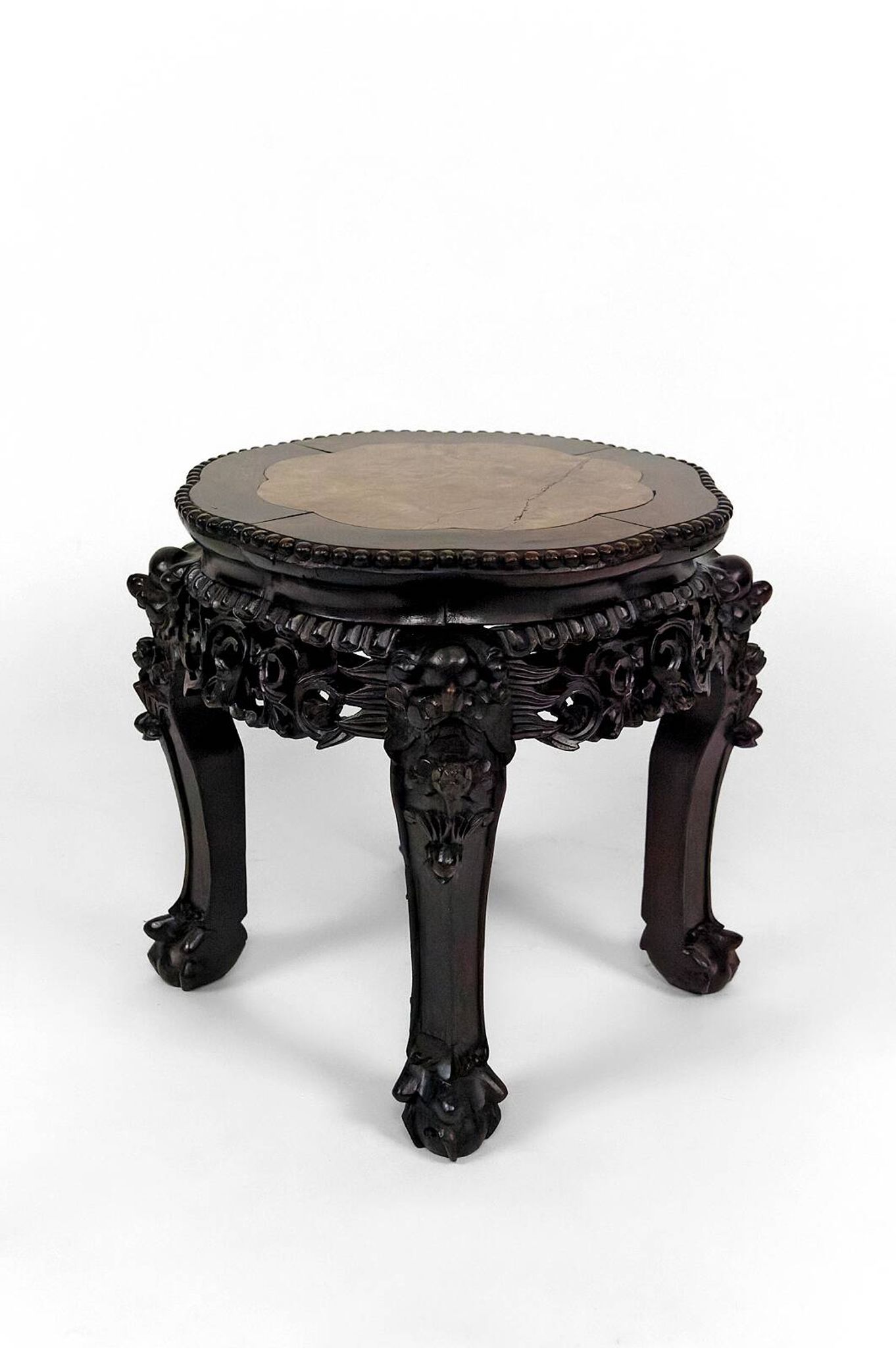 Asian wooden stand carved with Demons, marble top, Indochina, circa 1880