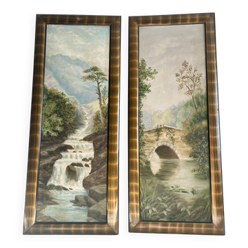 Pair of antique paintings. Romantic landscape diptychs.