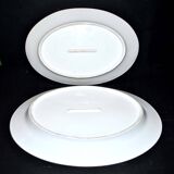 Limoges set of 2 old oval porcelain dishes with green and gold edging