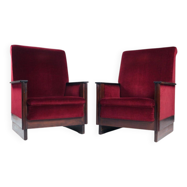 2 chaises Art Déco en velours rouge de l'École d'Amsterdam, Pays-Bas, années 1930