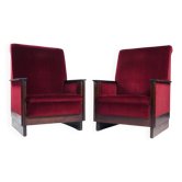2 chaises Art Déco en velours rouge de l'École d'Amsterdam, Pays-Bas, années 1930