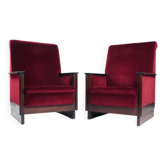 2 red velvet Amsterdam School Art Deco chairs, The Netherlands, 1930s