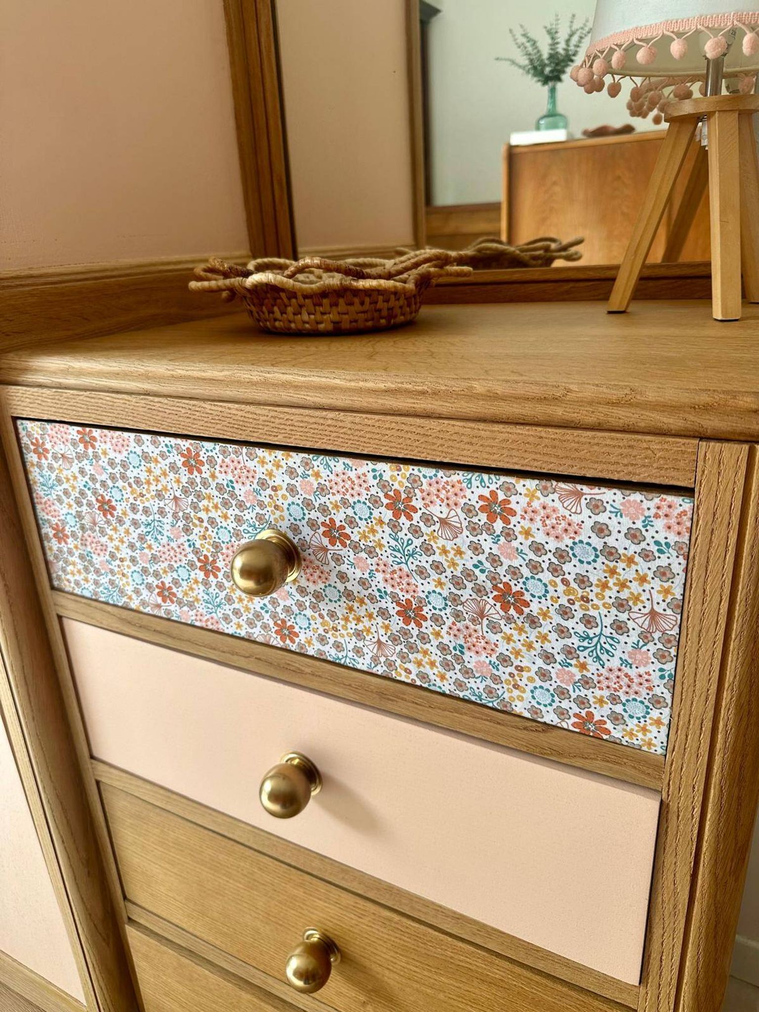 Asymmetrical floral wardrobe, natural oak & powder pink