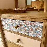 Asymmetrical floral wardrobe, natural oak & powder pink