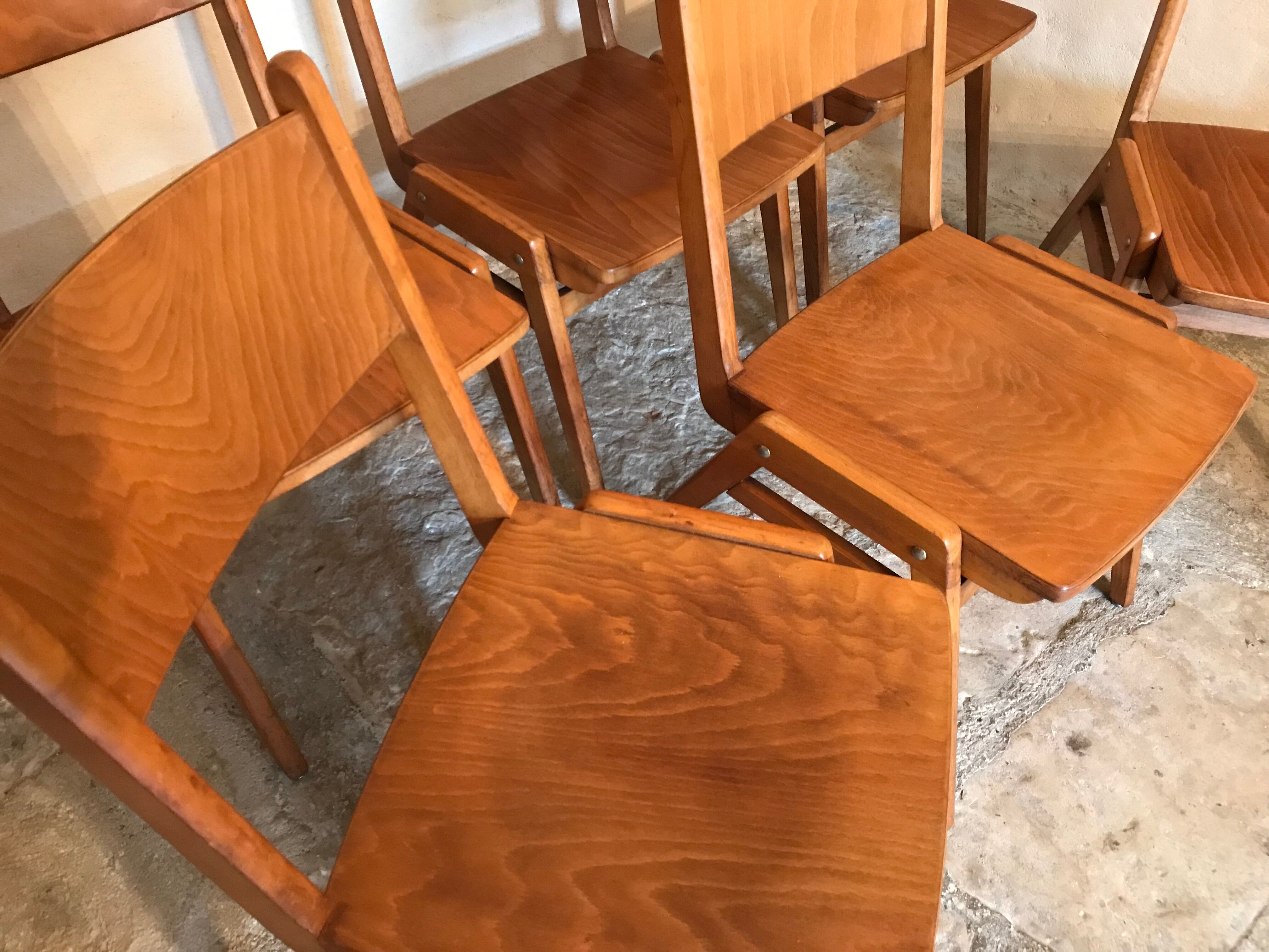 Set of 6 vintage wooden stackable chairs compass legs Germany 1960's
