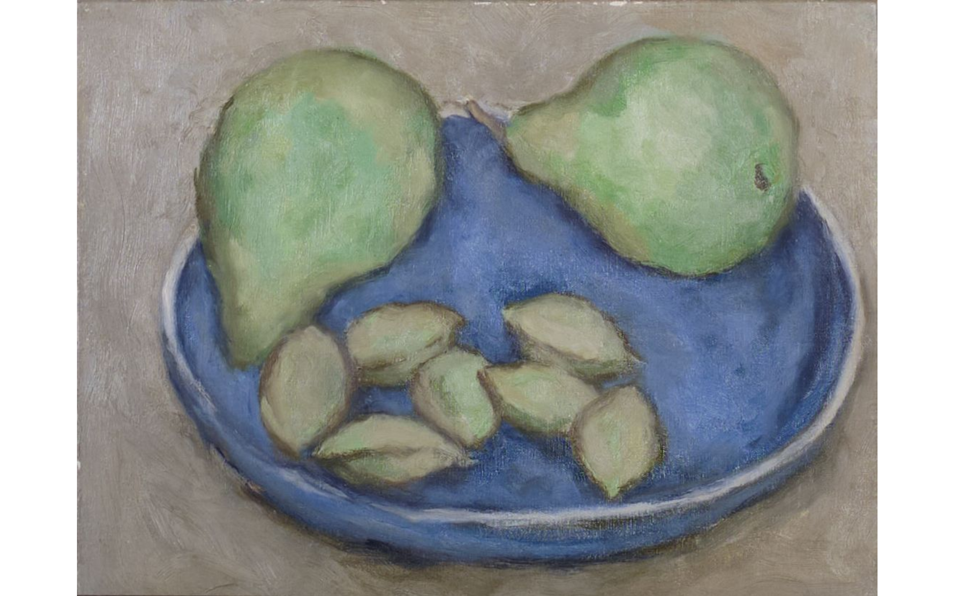 Almonds, green pears and blue plate by Deborah Hanson Murphy
