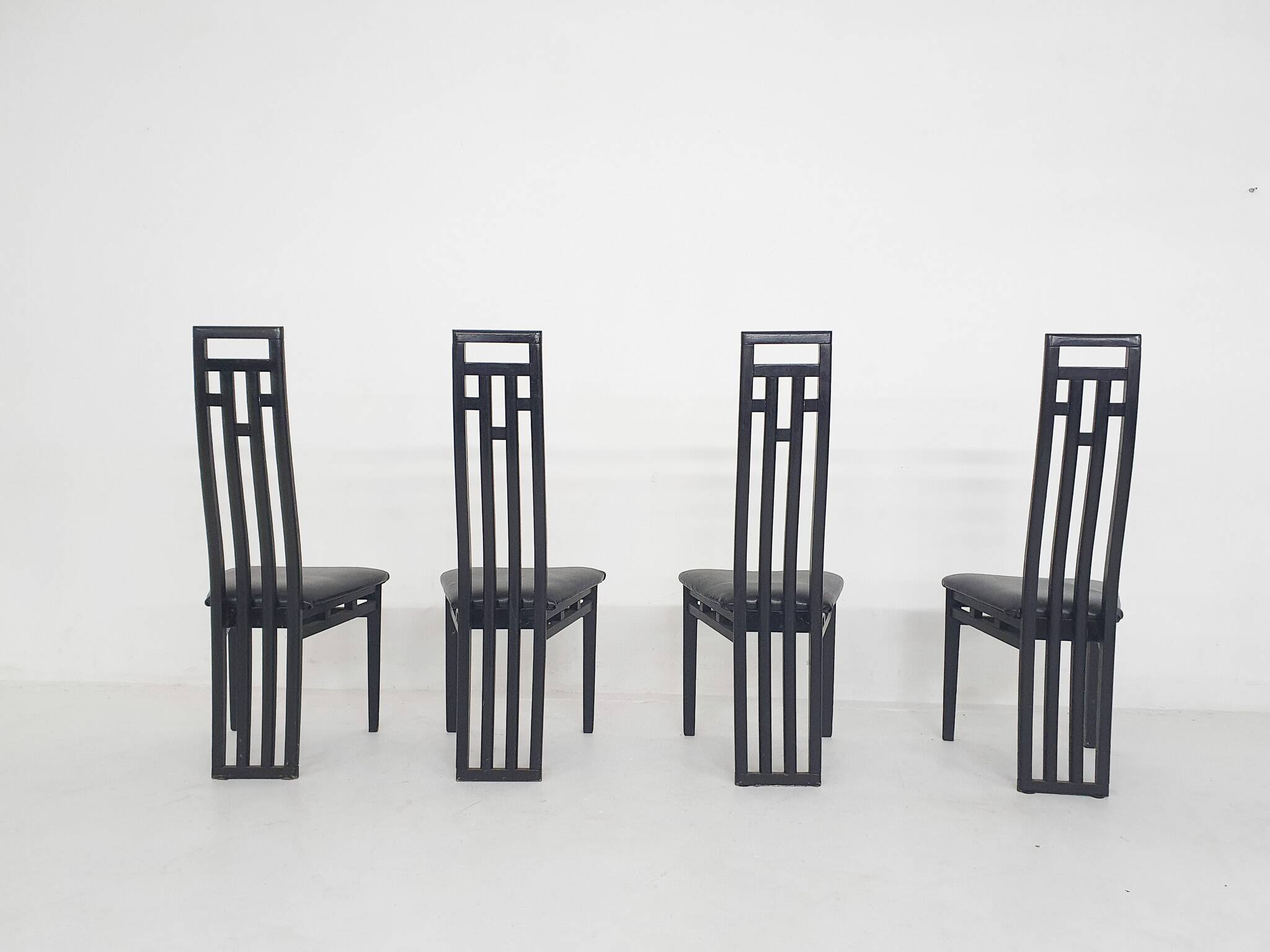 Antonio Sibau black leather dining room chairs, Italy 1980's